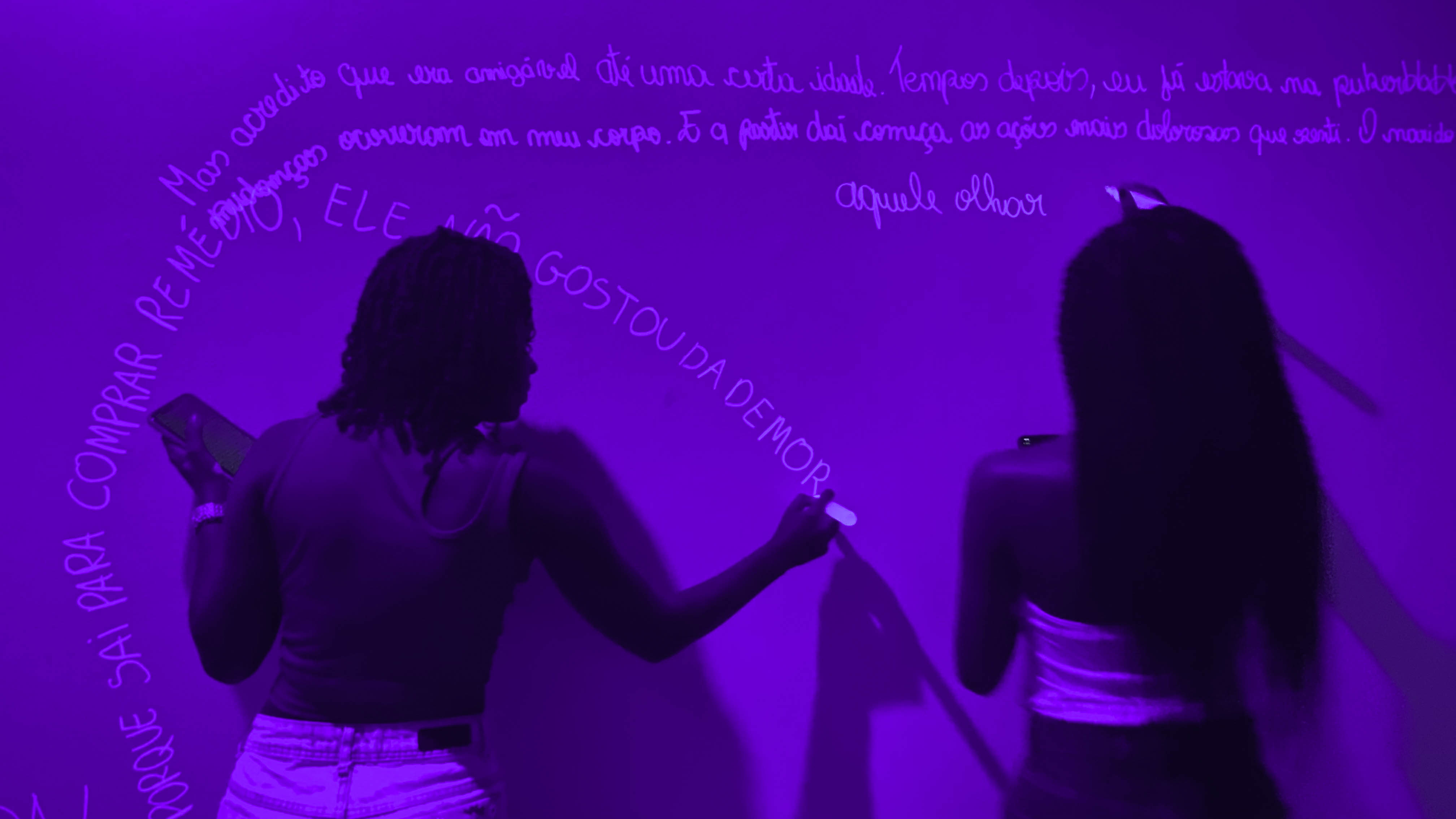 Nas paredes da galeria, estão depoimentos de mulheres colhidos pela artista por três anos (Foto: Ana Paula Sial)